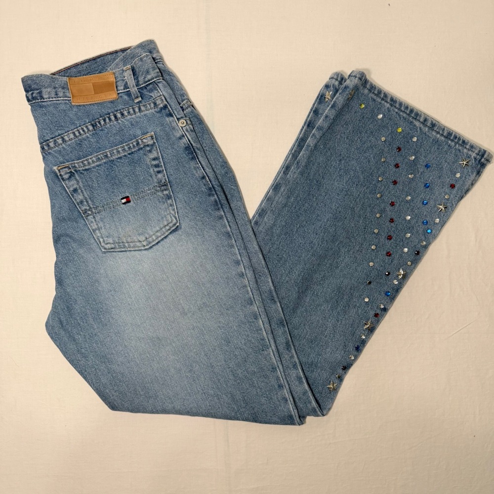 Tommy Hilfiger Jeans Womens Y2K Rhinestone Star Studded Capri Bootcut‎ Size L